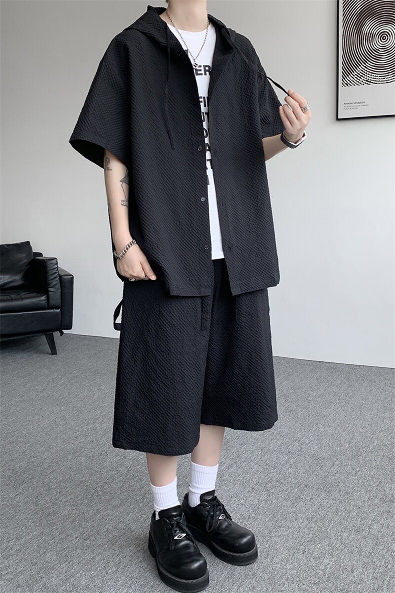 TZ793-特55控98新款速干肌理感连帽男短袖衬衫六分裤大码套装,男装T恤,电商A059
