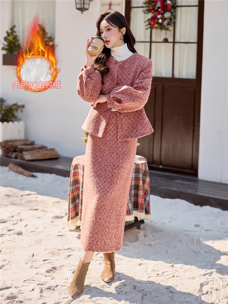 bao款现货2025新款冬装真狐狸毛质感新羊毛套装羽绒服90绒有腰带,女装套装/套裙,小九月