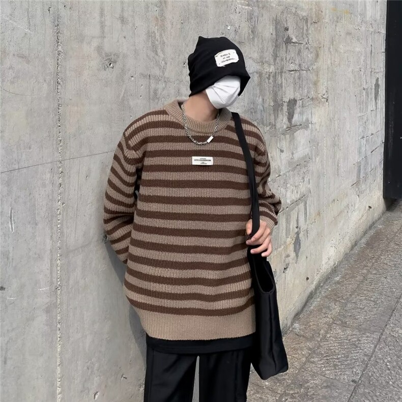 日系复古条纹毛衣男春秋冬宽松慵懒风内搭打底针织衫线衣外套潮牌图片