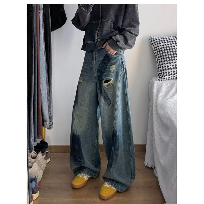 时尚美式复古灯笼廓形锥形涂鸦破洞显瘦垂感拖地男女阔腿牛仔裤潮,男装休闲裤,星座1013