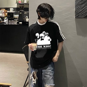 抖音得物高品质二开240克宽松纯棉美式潮牌三条杠织带短袖T恤图片
