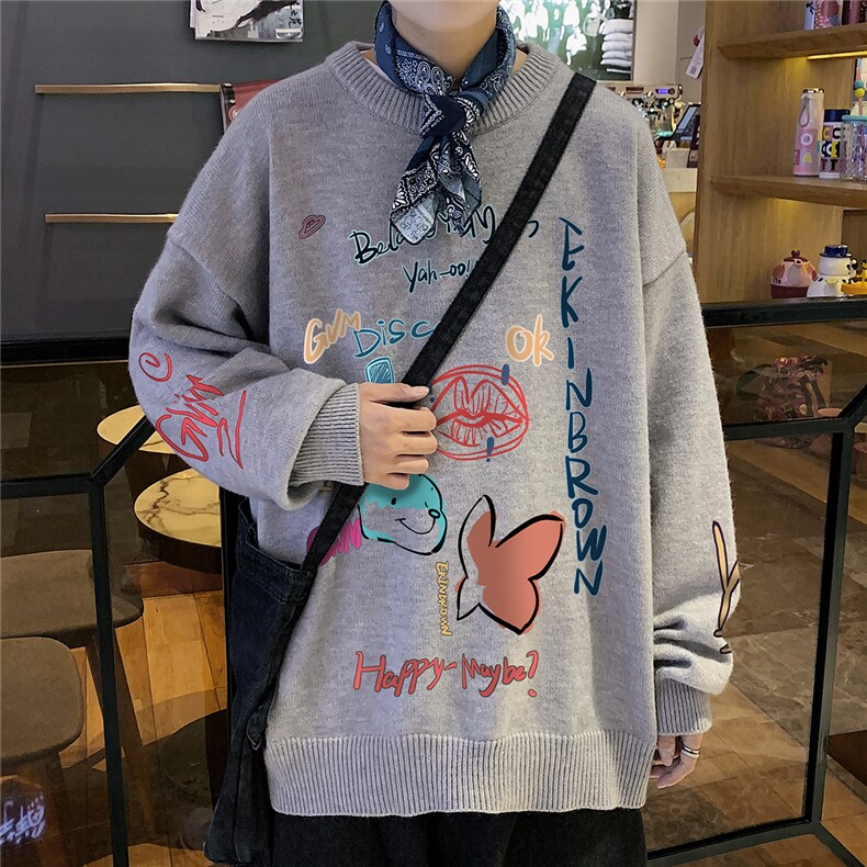 1港风圆领中性情侣潮流大码M-5XL印花加厚毛衣男7696P55加绒P70,男装针织衫/毛衣,星座226-2