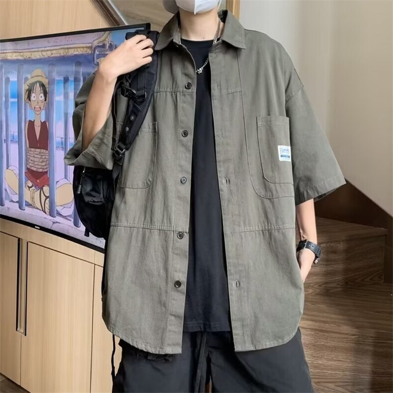 工装短袖衬衫男夏季2024新款日系复古五分袖衬衣ins潮牌休闲上衣,男装衬衫,星座1013