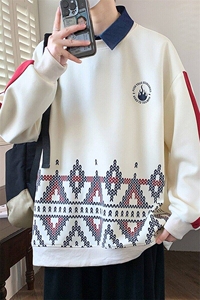 W25210-特P50 衬衫领卫衣男假两件长袖T恤印花卫衣男长袖打底衫图片