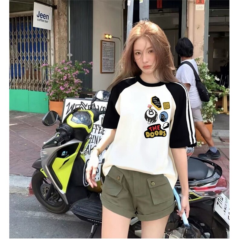 抖音得物品质二开240克宽松纯棉美式潮牌插肩三杠织带短袖T恤图片
