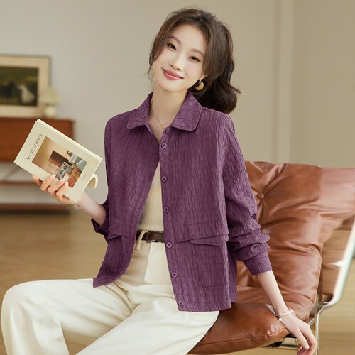 2026年春季翻领短款扣子休闲宽松微胖显瘦外套，女装短外套，文熹诺