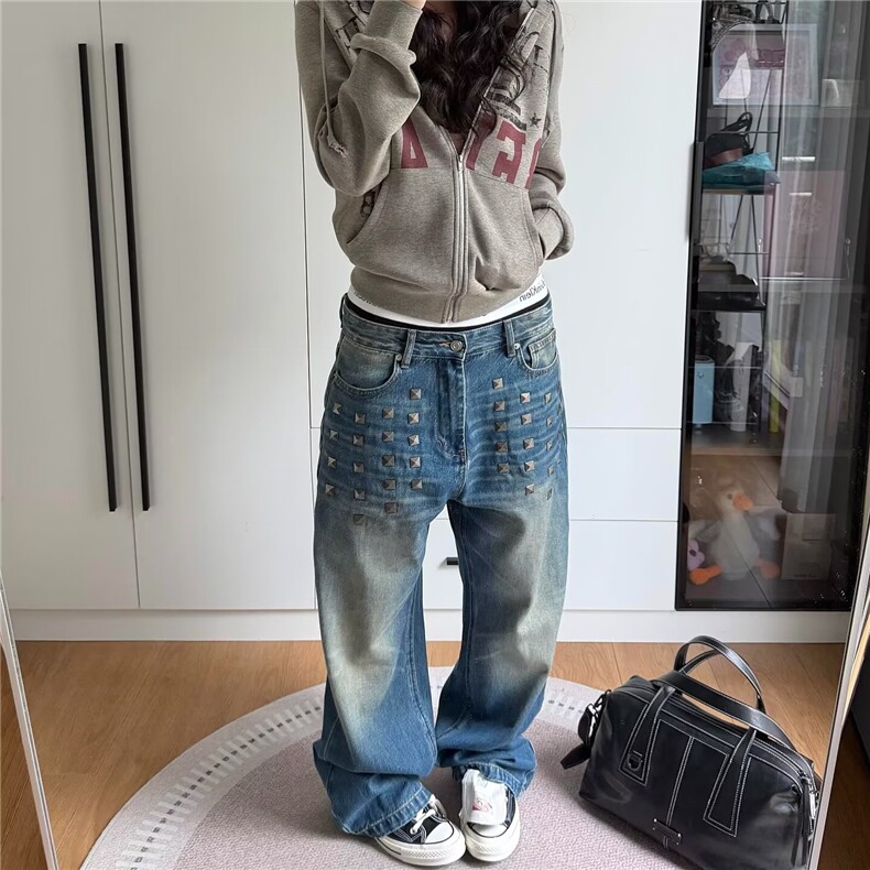 美式复古蓝闪电纹铆钉牛仔裤女2025新款宽松显瘦高街直筒阔腿裤子,男装牛仔裤,星座506A