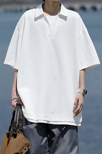 8XL-M假两件V领短袖t恤男夏翻领半袖宽松重磅华夫格大码DT001P40图片