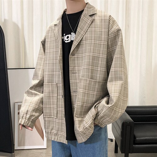 春季网红宽松小西装外套男韩版潮流ins格子休闲西服A071-X02-P80，男装西服，电商A071