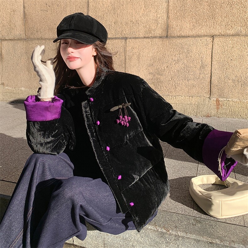 现货！（90新标带检）丝绒料新中式短款立领加厚保暖气质羽绒服女，女装羽绒服，衣秀之家