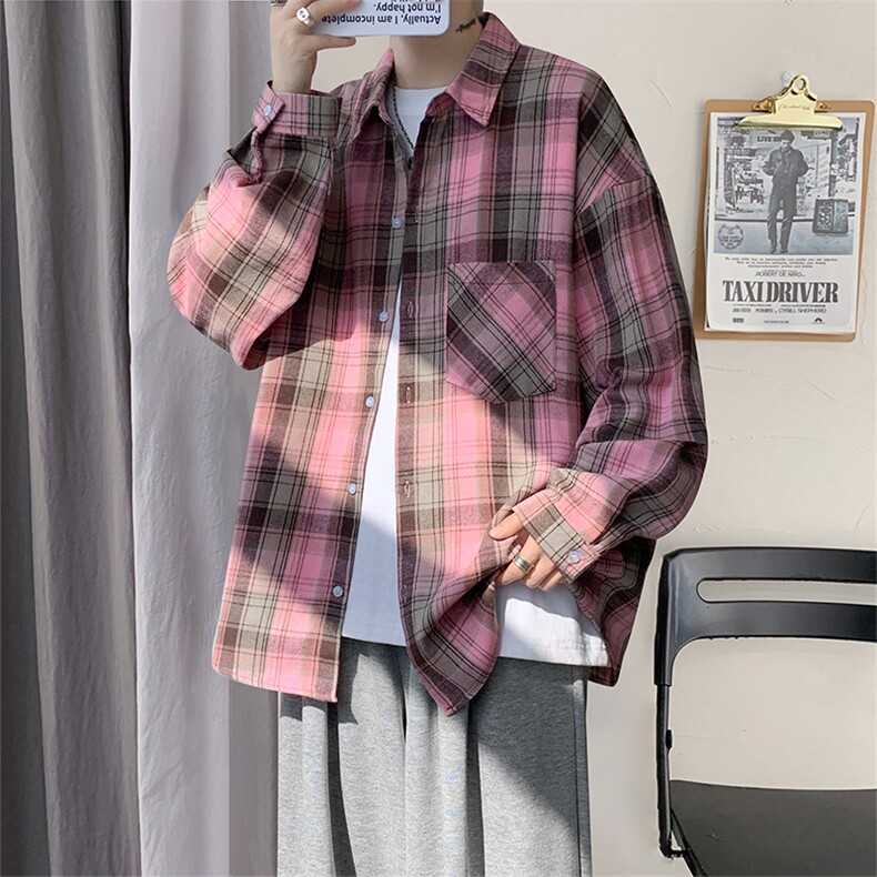 衬衫男秋季新款港风宽松大码磨毛格子长袖衬衣CS606-特P28,男装衬衫,星座214-3