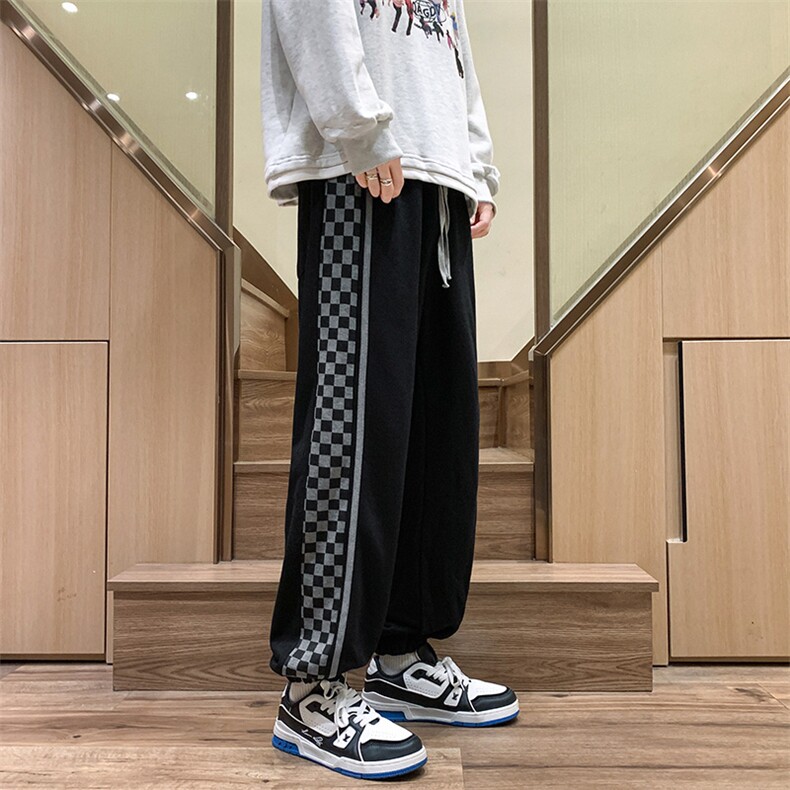 K3196-P45秋装美式潮牌宽松中性男女情侣侧边棋盘格撞色休闲卫裤,男装休闲裤,电商A009A（原A058A）