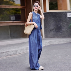 新中式天丝牛仔阔腿裤套装女2025夏季休闲宽松盘扣无袖牛仔套装，女装套装/套裙，慕依路
