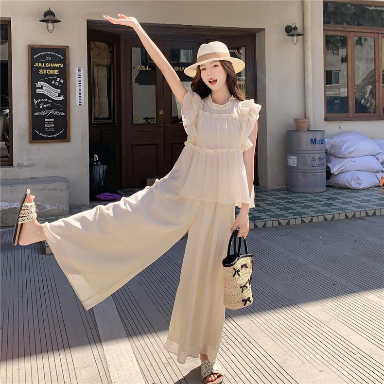 超仙时尚雪纺无袖木耳边套装女2026夏新款半透减龄阔腿裙裤两件套,女装套装/套裙,衣秀之家