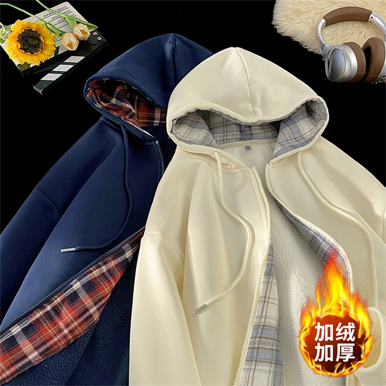 毛毯风格子开衫连帽卫衣宽松2026冬季潮牌加绒外套A436-117-P60,男装卫衣,电商A436
