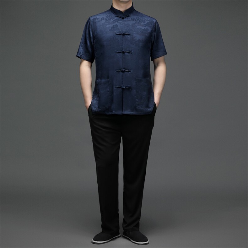 SQY2301男士春季两件套短袖套装中老年爸爸复古唐装风P115,男装民族服装,电商B360