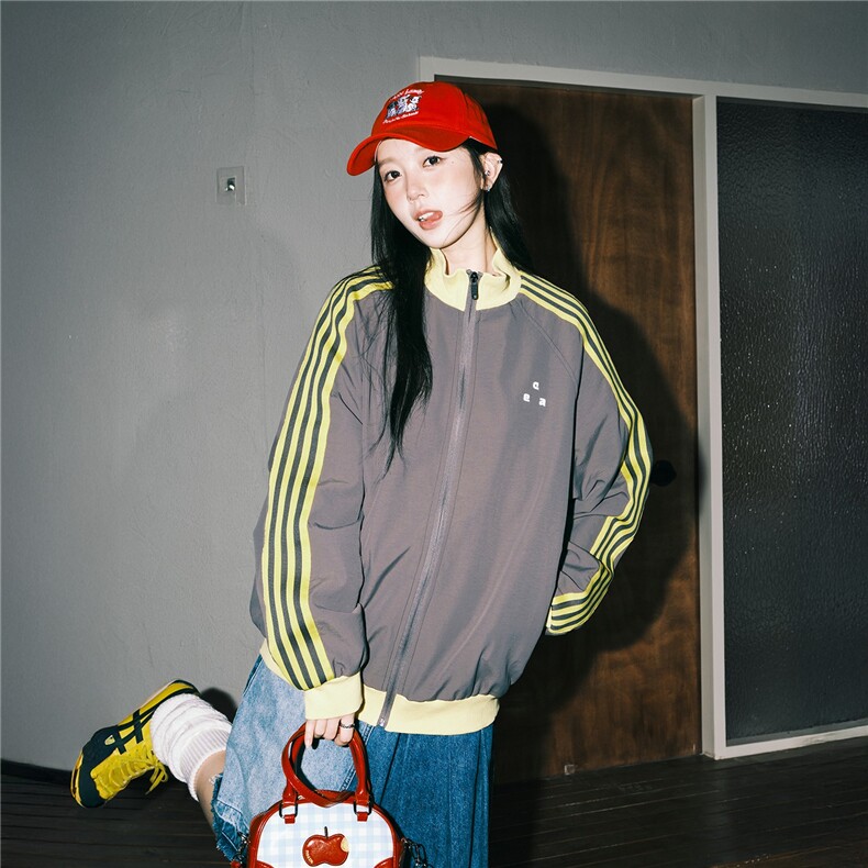 撞色拼接条纹织带立领外套女款秋季运动休闲宽松夹克，男装夹克，星座506A