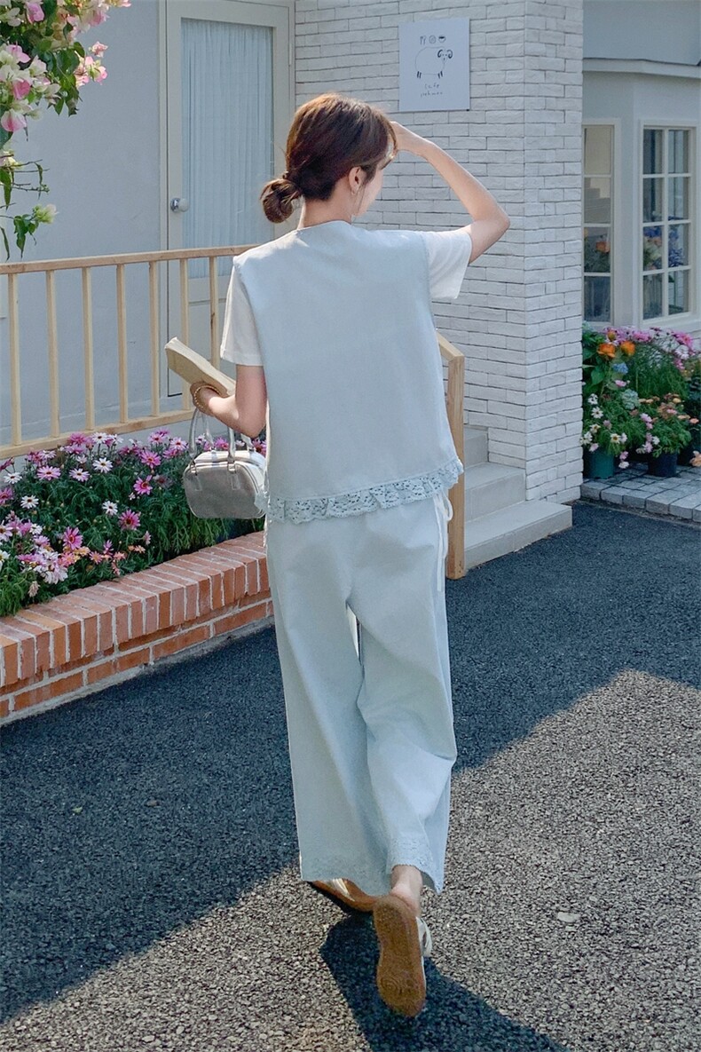 浅蓝色气质淡人套装女夏季2025新款时尚蕾丝马甲T恤阔腿裤三件套,女装套装/套裙,帛锦泉