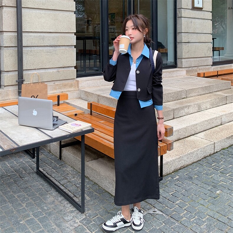两件套裙子套装女2023春季新款韩版气质时尚衬衫拼接短款西装外套,女装套装/套裙,辉之琳