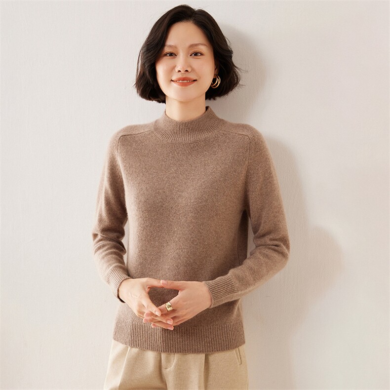 软糯气质半高领毛衣女秋冬内搭加厚修身紧身双层领中领针织打底衫,女装羊绒衫,伊绒腾羊绒
