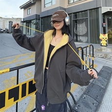 抖音得物二开美式高街重磅结构双层撞色连帽卫衣开衫外套W116，男装卫衣，电商A486