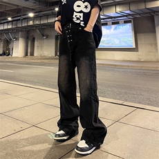 配腰带美式复古水洗牛仔裤直筒阔腿裤潮ins夏N05066-P45，男装牛仔裤，星座308B-1