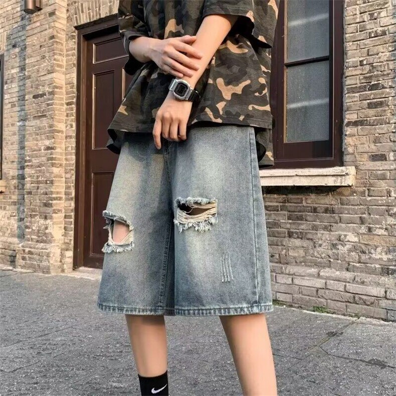 牛仔短裤男女高街帅气百搭破洞2025夏季ins新款五分裤RK2569-P40,男装牛仔裤,星座412-3