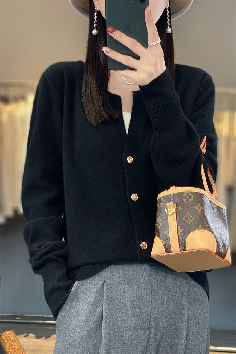 100%纯羊毛开衫毛衣女V领24秋冬新款纯色针织羊绒衫外套宽松上衣,女装羊毛衫,绒汀羊绒