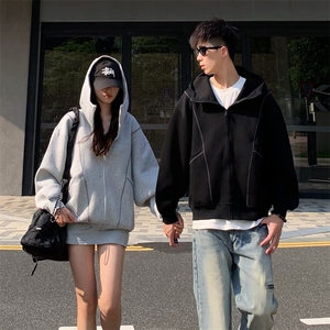 抖音得物高品质秋冬美式高街重磅结构辑明线纹理连帽卫衣外套W111图片