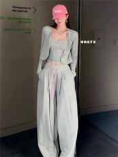 女春新款欧货时尚休闲套装修身显瘦开衫上衣内搭吊带阔腿裤三件套，女装套装/套裙，江南