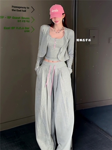 女春新款欧货时尚休闲套装修身显瘦开衫上衣内搭吊带阔腿裤三件套图片