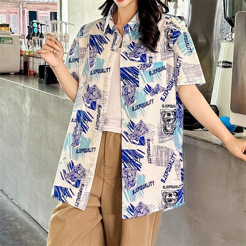 海边度假风短袖花衬衫女夏威夷ins超仙沙滩衬衣复古港风宽松上衣,男装衬衫,星座506