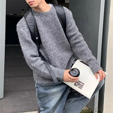 2025秋冬复古简约纯色基础针织衫男潮牌宽松情侣打底线衫毛衣，男装T恤，星座506A