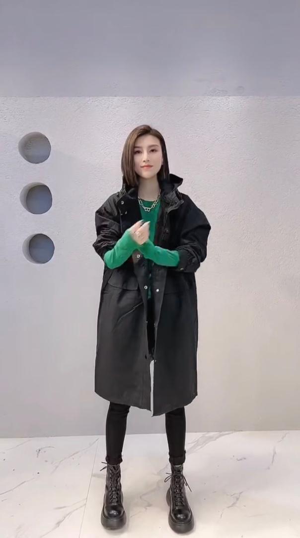 2021秋季新款休闲宽松后抽绳双口袋大版风衣外套,女装风衣,L·H·X