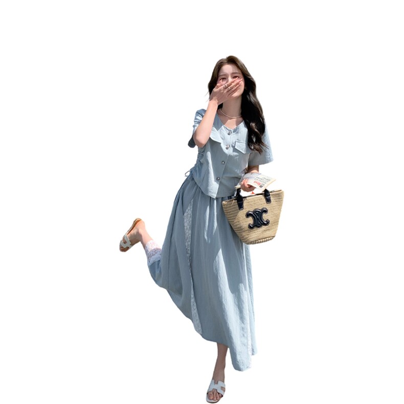 时尚松弛感休闲上衣套装裙女2025年夏季新款蕾丝拼接半身裙两件套,女装套装/套裙,浙宝220