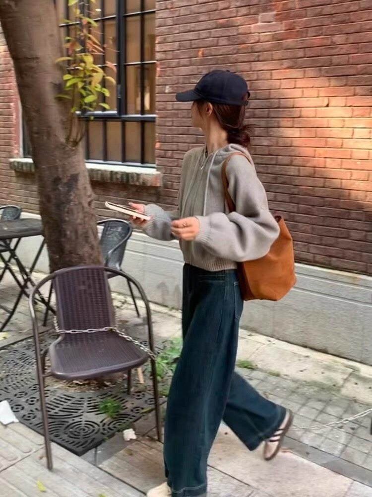 秋冬新款连帽宽松针织外套拉链纯色开衫时尚百搭,针织衫/毛衣,思途羊绒