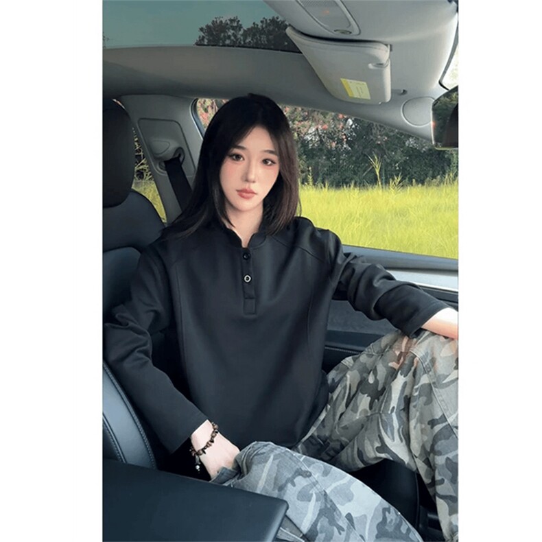 抖音得物品质美式高街重磅曼巴棉拼接cleanfit亨利领卫衣长袖T恤,男装T恤,电商A486-1