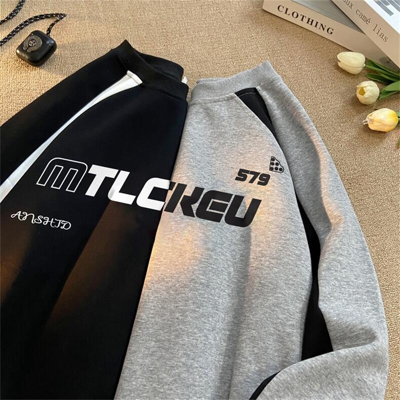 美式插肩袖撞色卫衣男秋冬季圆领无帽拼接套头上衣ins潮宽松外套，女装短外套，星座601-2