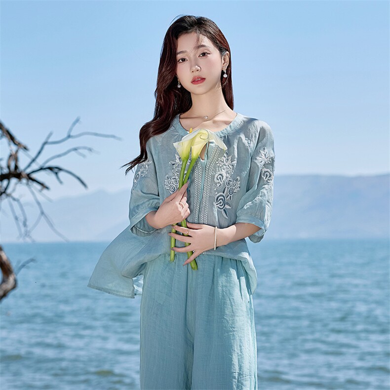 2026年夏季文艺风女短袖宽松亲肤透气薄苎麻文艺/优雅,女装衬衫,江南依恋