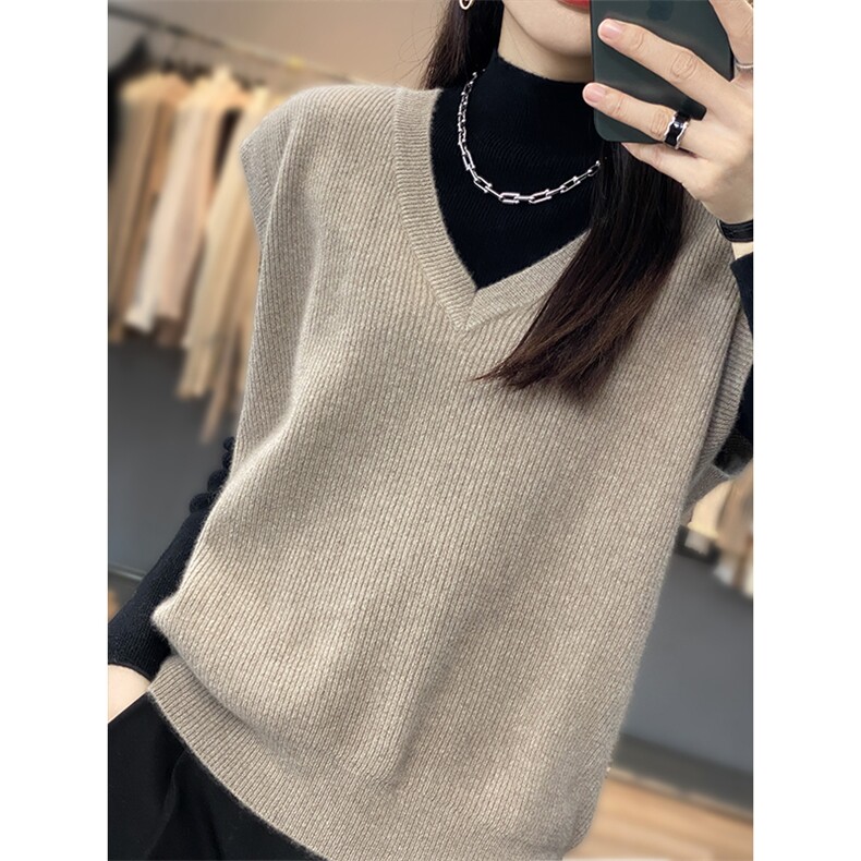 秋冬款100%纯羊毛针织马甲女宽松V领毛衣背心百搭羊绒衫无袖坎肩,女装马甲,恩泰羊绒
