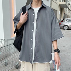 日系复古竖条纹衬衫男2023夏季ins港风垂感小众翻领衬衣W2630-P31，男装衬衫，星座412-3
