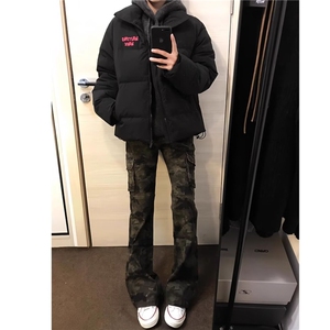 黑色大口袋工装长裤男女同款cleanfit潮流百搭直筒修身微喇休闲裤图片