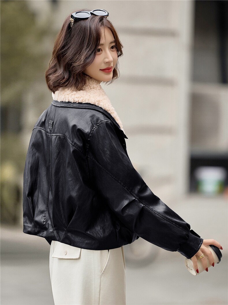 时尚羊羔毛翻领PU皮羽绒服女2025冬季新款加厚保暖白鸭绒皮衣外套,女装短外套,E百度