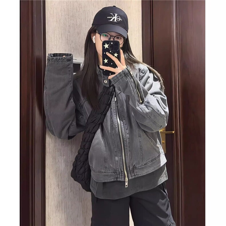W9270-P80 春季新款美式复古牛仔外套痞帅无领棒球服水洗夹克图片