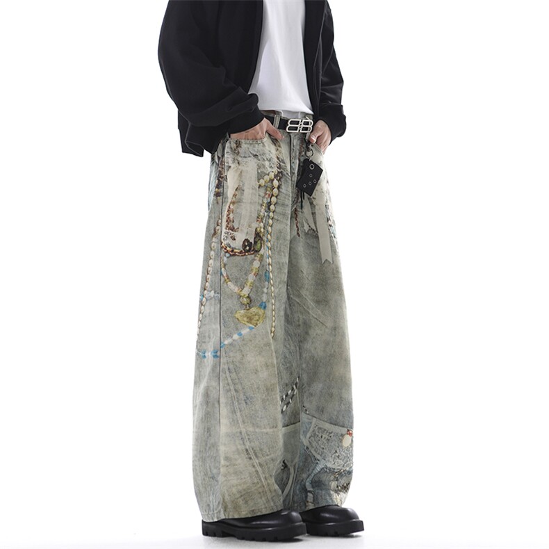 美式复古重工3D印花蕾丝链条阔腿牛仔裤潮流时尚男冬季ZT8028P48,男装牛仔裤,星座1112-1