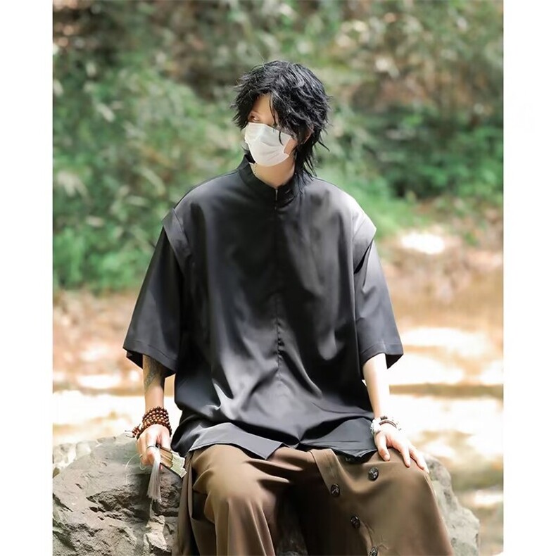 风夏款男冰丝立领衬衣拉链新中式唐装双层短袖衬衫CS12P38,男装衬衫,星座1013-1