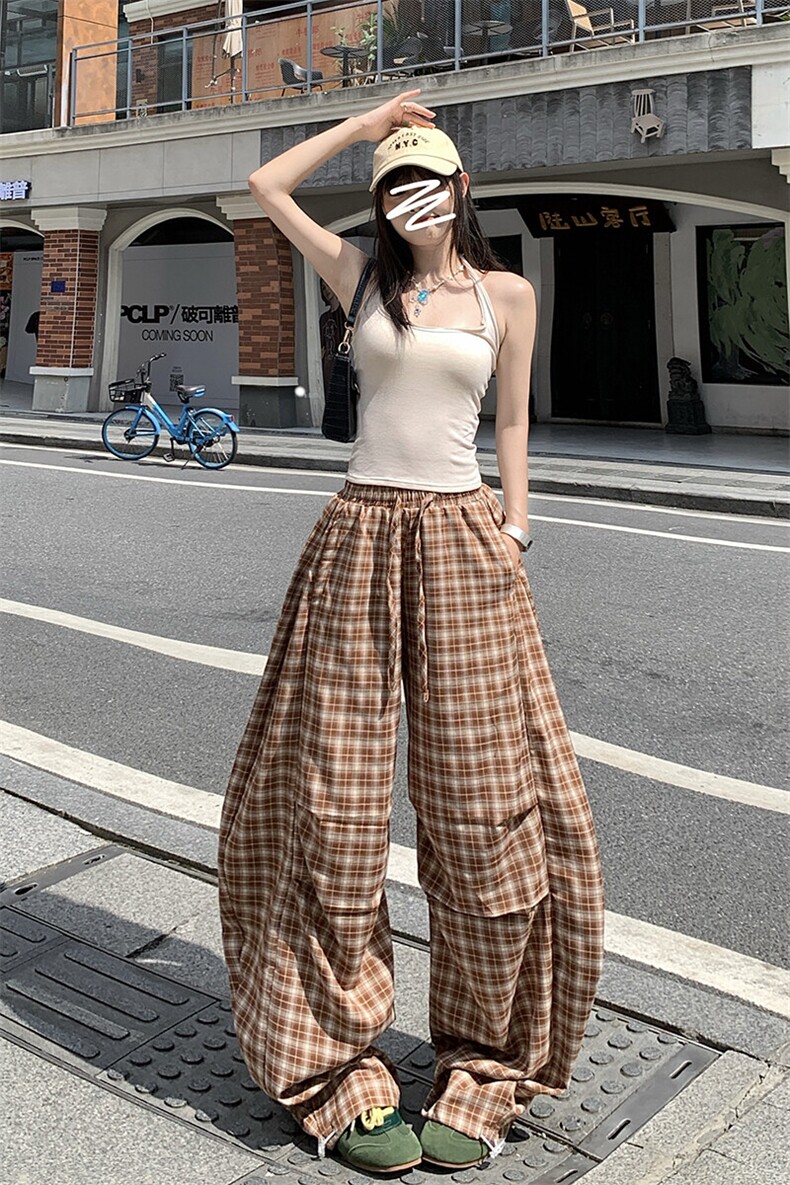 美式渐变格纹休闲裤男女夏季工装裤宽松直筒阔腿长裤YD9030-P65,男装工装外套,星座509