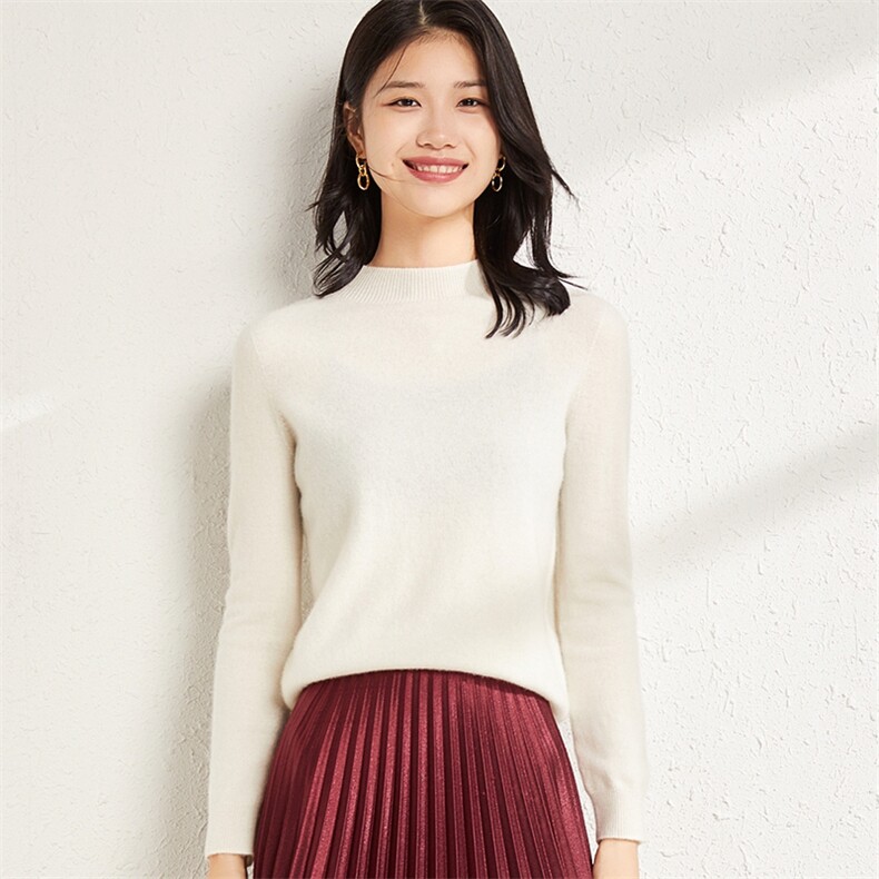 长袖套头纯色简约百搭显瘦修身半高圆领羊绒针织衫，女装羊绒衫，庆大羊绒
