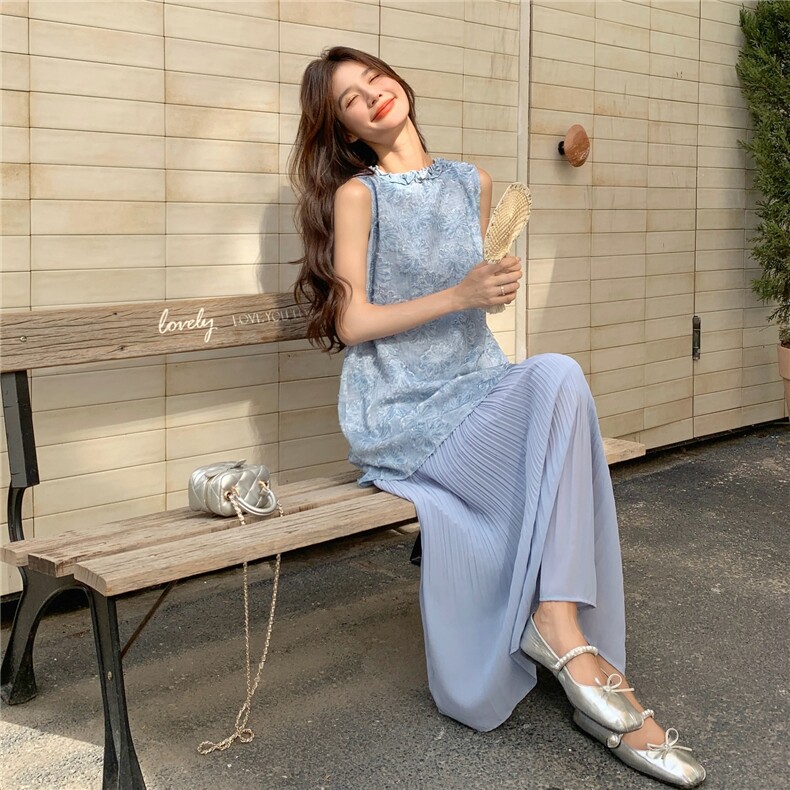 蓝色提花拼接连衣裙女2025夏季新款法式温柔风独特绝美无袖背心裙,女装连衣裙,2D045