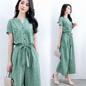 连体裤女夏2024新款韩版宽松收腰显瘦休闲棉麻碎花阔腿连衣裤，女装连衣裙，木橙西子